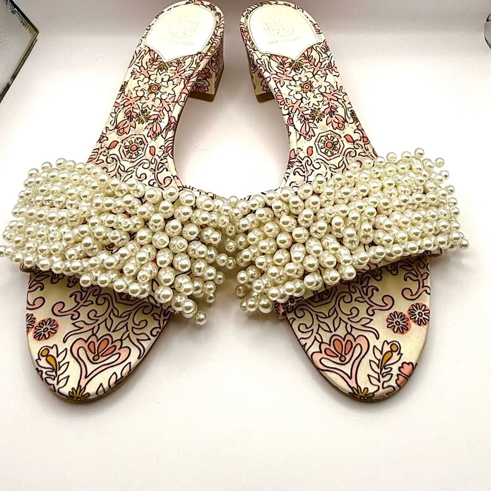 Tory Burch Garden & Pearls Patterned Slides - Picture 4 of 7
